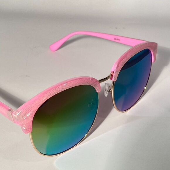 0633 Pink Plastic and Gold Metal Mirrored Green Lense Sunglasses New - Picture 6 of 12